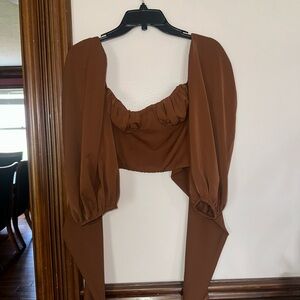 Et Clet Brown Puff-Sleeve Cropped Top